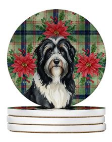 Black Bearded Collie Christmas PoinsettIas Large Sandstone Coasters Pack of 4 Absorbent Round Coasters Decor Gifts for Men or Women, 4 in, Multic